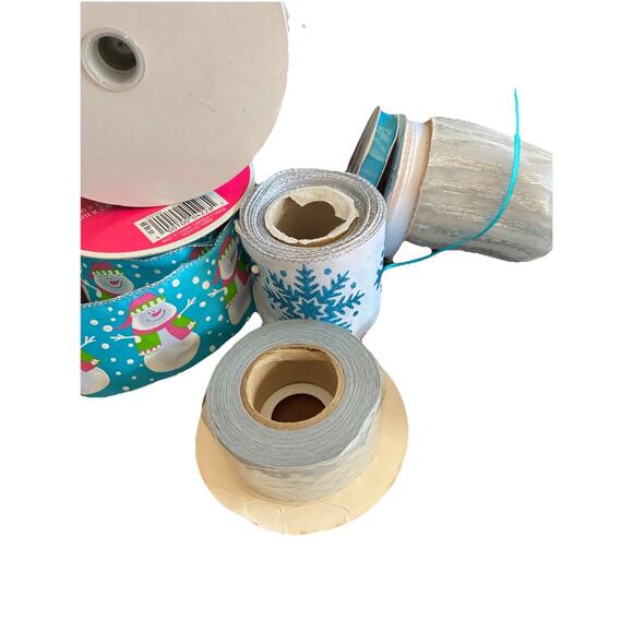 Lot of 8 Blue & Silver Decorative Holiday Ribbons Snowman Glitter Foil Wired VTG - Picture 7 of 12